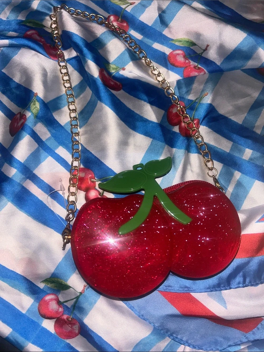 Sparkling Cherry Crossbody Bag with Gold Chain